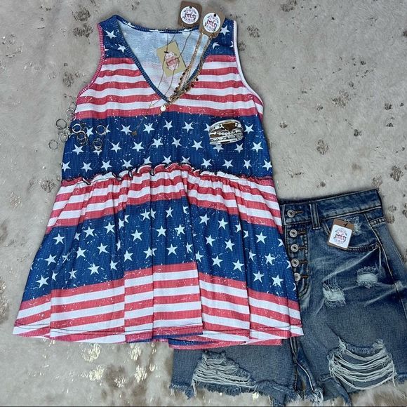 Stars and Stripes Waffle Knit Sleeveless Peplum Top V-neck 💗 - Picture 2 of 7